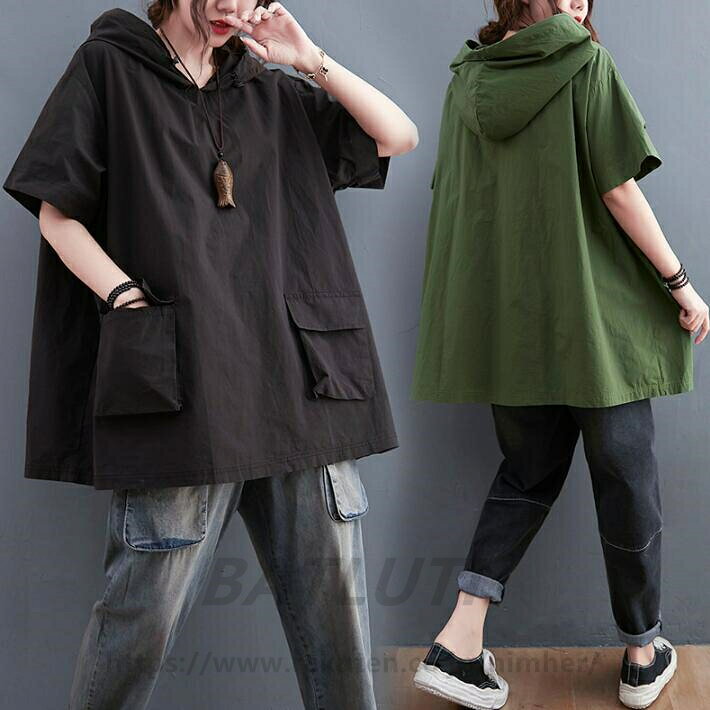 乐天商城 - Tシャツ レディース　パーカー風　ロンT 　ロングTシャツ　トップス 　半袖　フード付き　大きいサイズ　ビッグシルエット　体型カバー　シンプル　夏