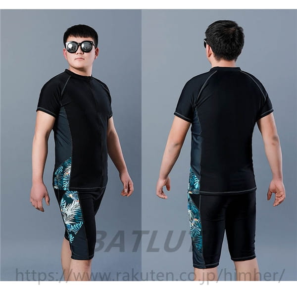 BATLUTIの水着 メンズ 上下セット セットアップ パパ 半袖 ラッシュガード ハーフパンツ ブラック スポーツ水着 ジム スポーツジム プール 海 ブラック 大きいサイズ 3L 4L 5L 6L 7L 8L 9L 10L｜アングル3