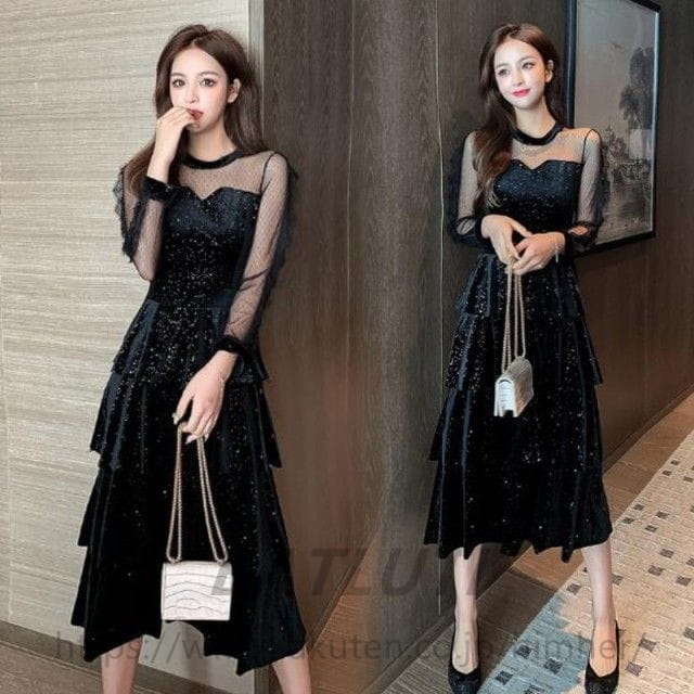 乐天商城 - パーティードレス 袖あり 結婚式 お呼ばれ ドレス 黒 韓国 ティアードワンピース 長袖 ミモレ丈 Aライン 大きいサイズ 3L 20代 30代 シースルー レース 肌見せ きれいめ シンプル 大人可愛い