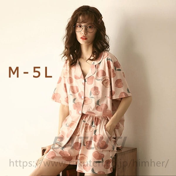 パジャマ 上下セット 半袖 桃柄 もも 部屋着 寝間着 サマーパジャマ ルームウェア 春 夏 コットン 女性 かわいい 大きいサイズ 5L ぽっちゃり レディース 前開き ショーパン 短パン お家時間 ゆったり リラックス 送料無料