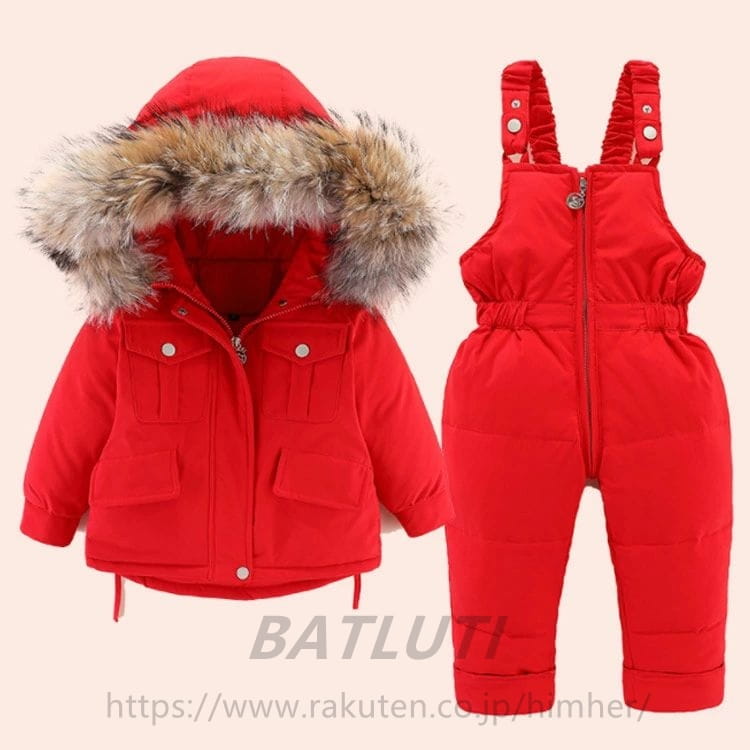 BATLUTIのベビー服 ダウン90％ 80 ダウンコート+ダウンサロペット 女の子 子供服 キッズジャケット 無地 2点セット 男の子 フード付き 上下セット アウター ラクーンファー付き アウトドア ダウンジャケット 雪遊び 防寒 お出かけ 防寒 冬 キッズ 90 キッズ｜アングル2