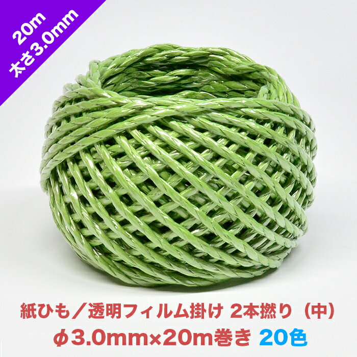 紙ひも／透明フィルム掛け 2本撚り（中）3.0mm×20m【20色】／セロ2本1分| カラー 色 吊るす ロープ 紙紐 ヒモ 梱包資材 荷造り紐 新聞 雑誌 ダンボール 縛り紐 資源ごみ ゴミ処理 猫ちぐら