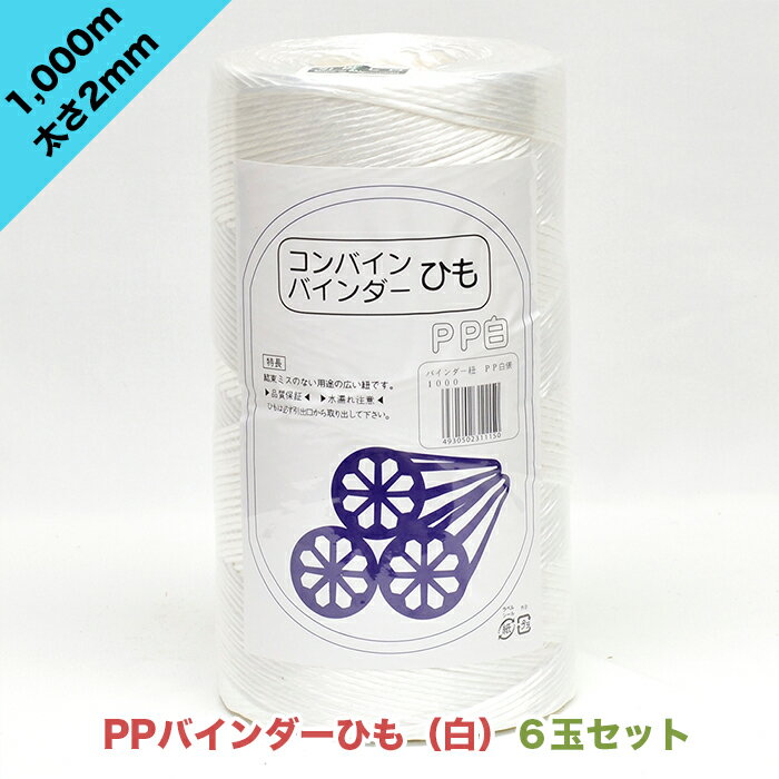 PPバインダーひも 太さ2mm 長さ1,000m 白色【お得な6玉セット】 刈り取り 誘引 枝 紐 稲 麦 農作物 果樹 結束 結ぶ 雪吊り 倒木起こし