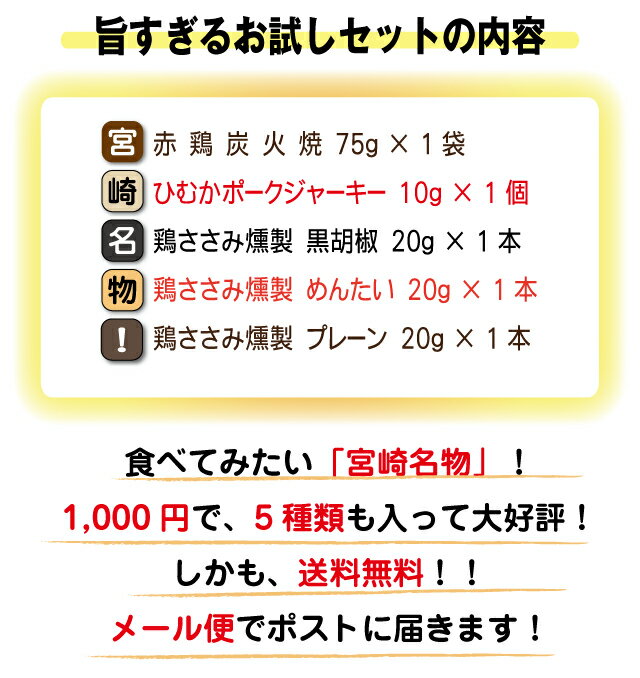 【送料無料】リピータ続出！1000円ポッキリ　宮崎名物 おつまみ セット【メール便】【着日指定不可】【単品配送】【同梱不可】【常温】家飲み　お土産　父の日　福袋　ジャーキー　宮崎名物　ノベルティ　景品　鶏肉　燻製　買い回り　お返し　粗品 2