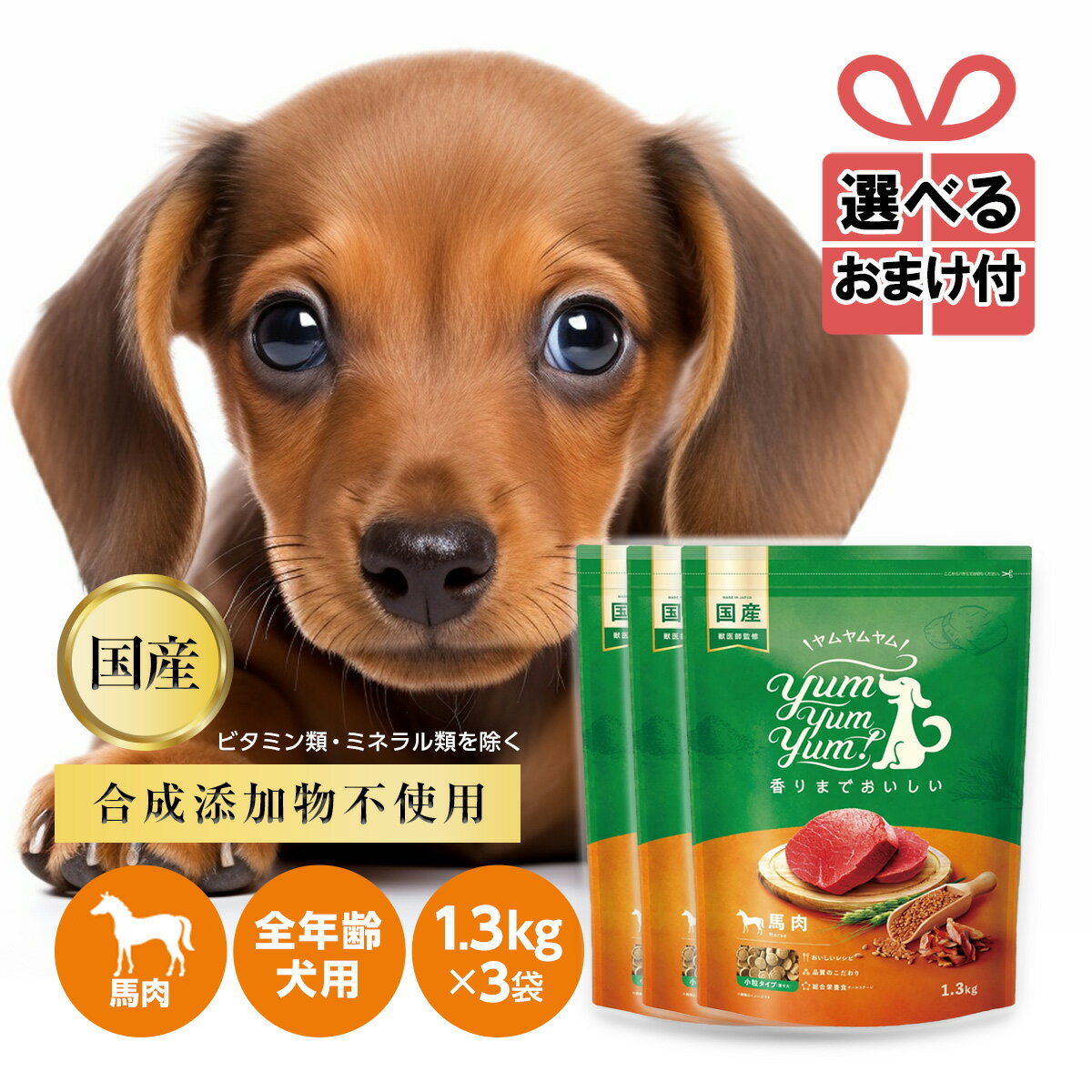 yum yum yum！ 馬肉 ドライタイプ 1.3kg×3袋 ドライタイプ 正規品ドッグフード ドックフード 犬用 全年齢対応 子犬 成犬用 老犬用 シニア犬 国産 無添加