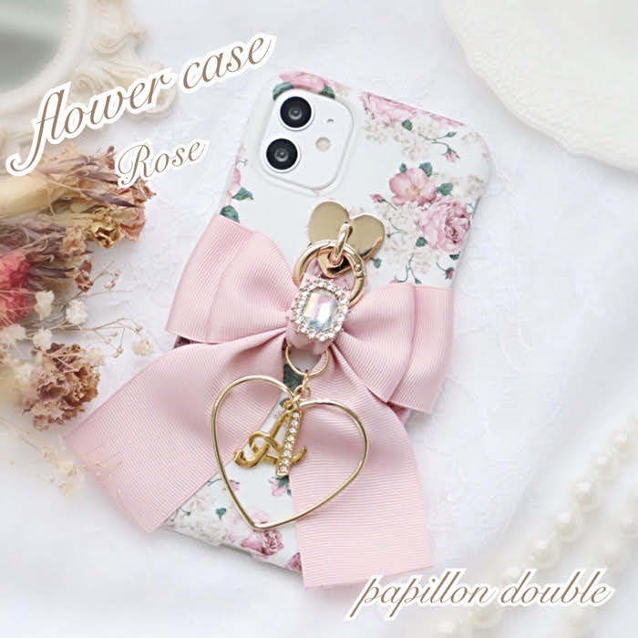 パピヨンダブル　ハートフープ　フラワーケース　iphoneケース　オーダーメイド　iphone12 Pro　ProMax　X　Xs　XR　iphone11　iphone8　Plus　iphoneSE2　ケース　韓国　シンプル おしゃれ　かわいい　人気　リング　スマホケース　リボン　ソフト　耐衝撃【送料無料】