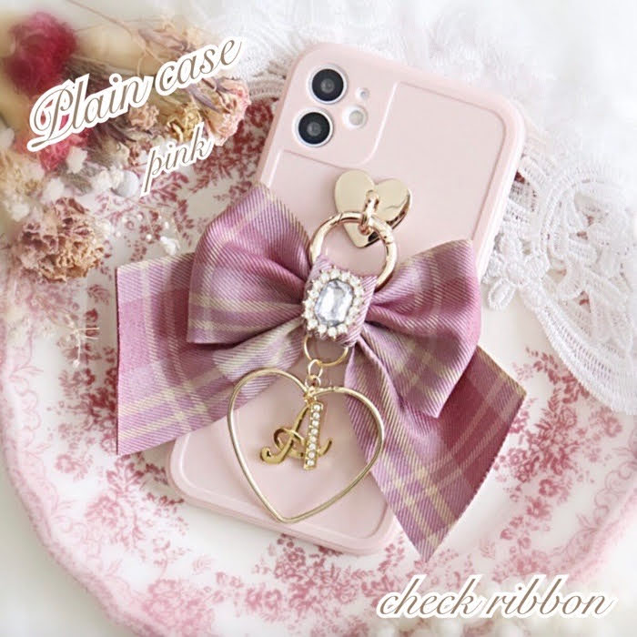 チェックリボン　 アルファベット・イニシャル iPhoneケース　プレーンケース iphone12 Pro　ProMax　X　Xs　XR　iphone11　iphone8　Plus　iphoneSE2　ケース 韓国　シンプル おしゃれ　かわいい　人気　リング　スマホケース　リボン　ソフト　耐衝撃【送料無料】