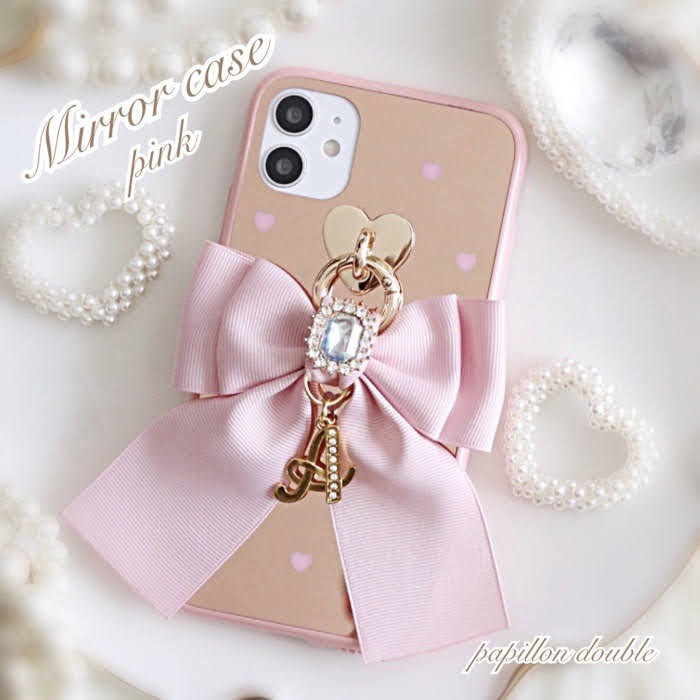 パピヨンダブル　イニシャル　ミラーケース　iphoneケース　オーダーメイド　iphone12 Pro　ProMax　X　Xs　XR　iphone11　iphone8　Plus　iphoneSE2　ケース　韓国　シンプル おしゃれ　かわいい　人気　リング　スマホケース　リボン　ソフト　耐衝撃【送料無料】