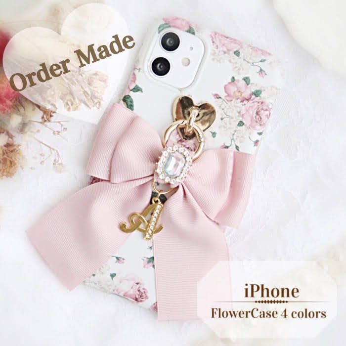 パピヨンダブル　イニシャル フラワーケース　iphoneケース　オーダーメイド　iphone12 Pro　ProMax　X　Xs　XR　iphone11　iphone8　Plus　iphoneSE2　ケース　韓国　シンプル おしゃれ　かわいい　人気　リング　スマホケース　リボン　ソフト　耐衝撃【送料無料】