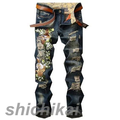 WILLS 加工THOM ダメージ 虎刺繍 テーパード スキニー ズボン デニムパンツ ストレート ジーンズ