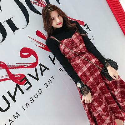 大きいサイズ エレガント レディース ミモレ丈 長袖 チェック ハイネック トップス ニット キャミワンピース ジャンパースカート