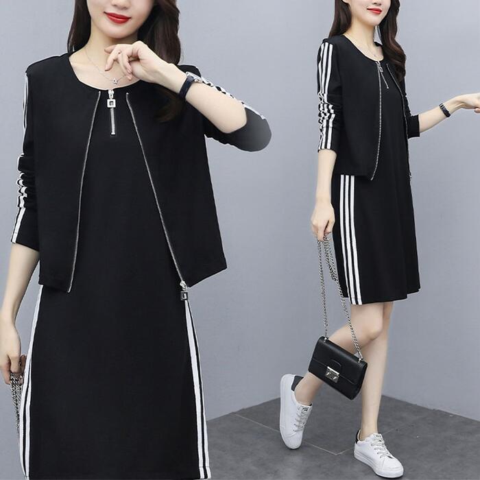 き 可愛い 大人 おしゃれ ノースリーブ レイヤード ひざ上丈 長袖 サイドライン ワンピース カーディガン ジャケット 2点セット