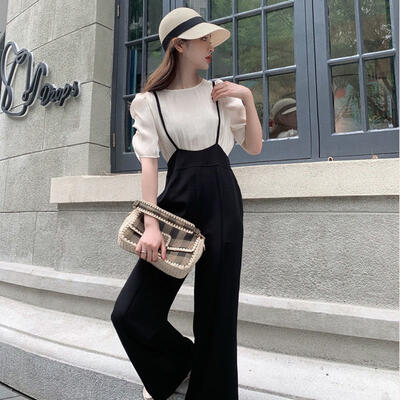 オールイ レディース 夏 おしゃれ カジュアル ブラウス 半袖 Tシャツ パフスリーブ ロング丈 パンツ サロペットパンツ 2点セット