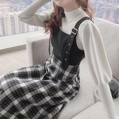 大きいサ レディース ミモレ丈 長袖 チェック パフスリーブ ハイネック トップス ニット サロペットスカート ジャンパースカート