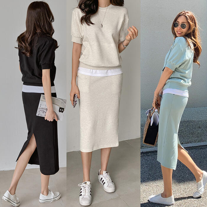 タイ きれいめ ミモレ丈 カジュアル 可愛い 大人 おしゃれ ペンシル 半袖 レイヤード風 スカート スウェット トップス 2点セット