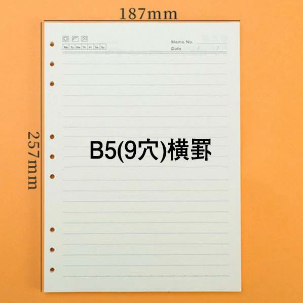 B5 ルーズリーフ 横罫 バインダー メモ ビジネス手帳 リフィル用紙 詰め替え 厚型 9穴 5冊 無地 送料無料の商品画像