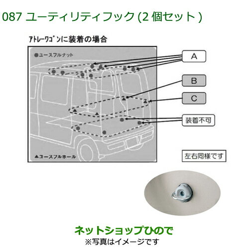 純正部品ダイハツ アトレーワゴンタイプ1/ユーティリティフックA(荷室上部ユースフルナット専用・2個セット)※純正品番 999-02060-M5-288【S321G S331G】087