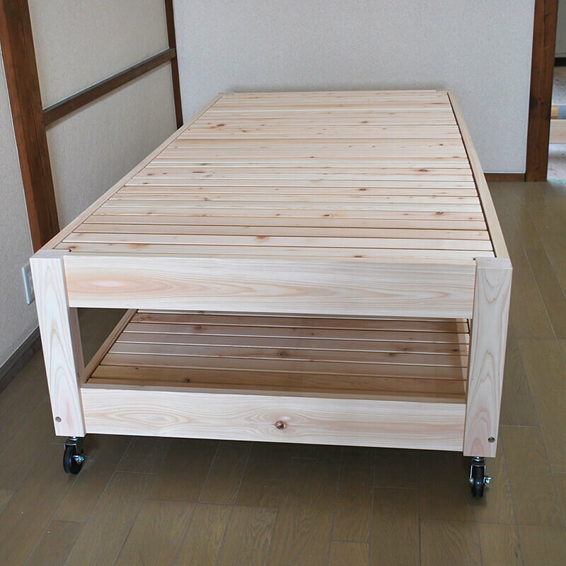 [サイズ変更可能]国産無垢ひのきベッド すのこ2段下段部収納付き キャスター付き移動簡単 シングル [2]