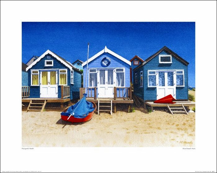 マーガレット ヒース作品 Blue Beach Huts アートプリント 木製アートフレーム付 50×40cm