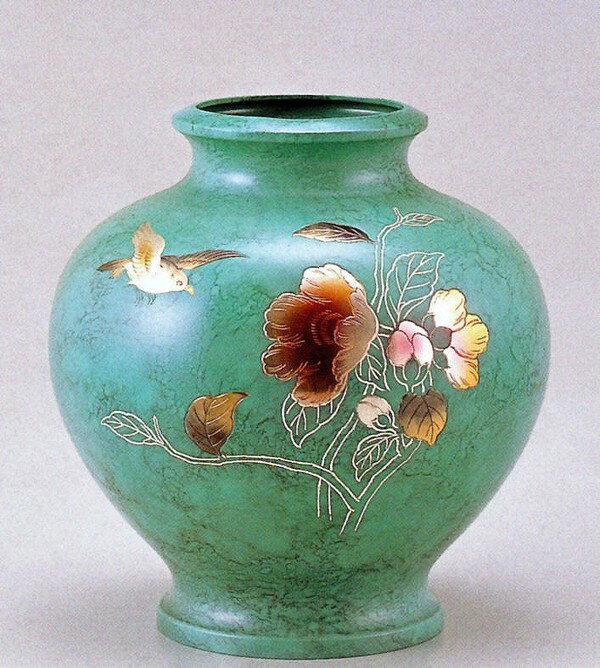 乐天商城 - 高岡銅器の花瓶 壷 山茶花に鳥 山本秀峰作品 高岡銅器の花瓶 送料無料