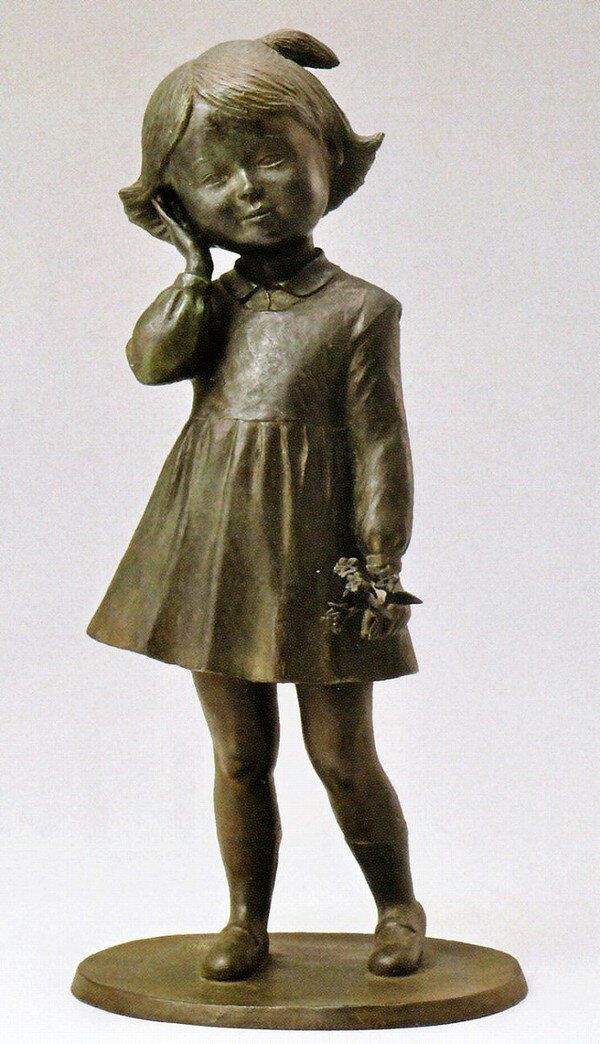 ブロンズ像 花を持つ少女 仙里篤成作品 化粧箱付 高岡銅器 洋風置物