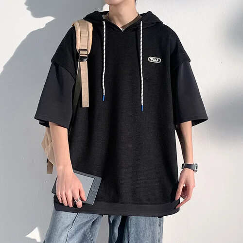 樂天商城 - 【送料無料】メンズ メンズ服 トップス サマー Tシャツ 半袖 フード付き 韓国 ゆったり シルエット オーバーサイズ オーバーライク Y2K カジュアル ストリート 部屋着 シンプル ロゴ プルオーバー 黒 白 モノトーン バイカラー xl 2xl