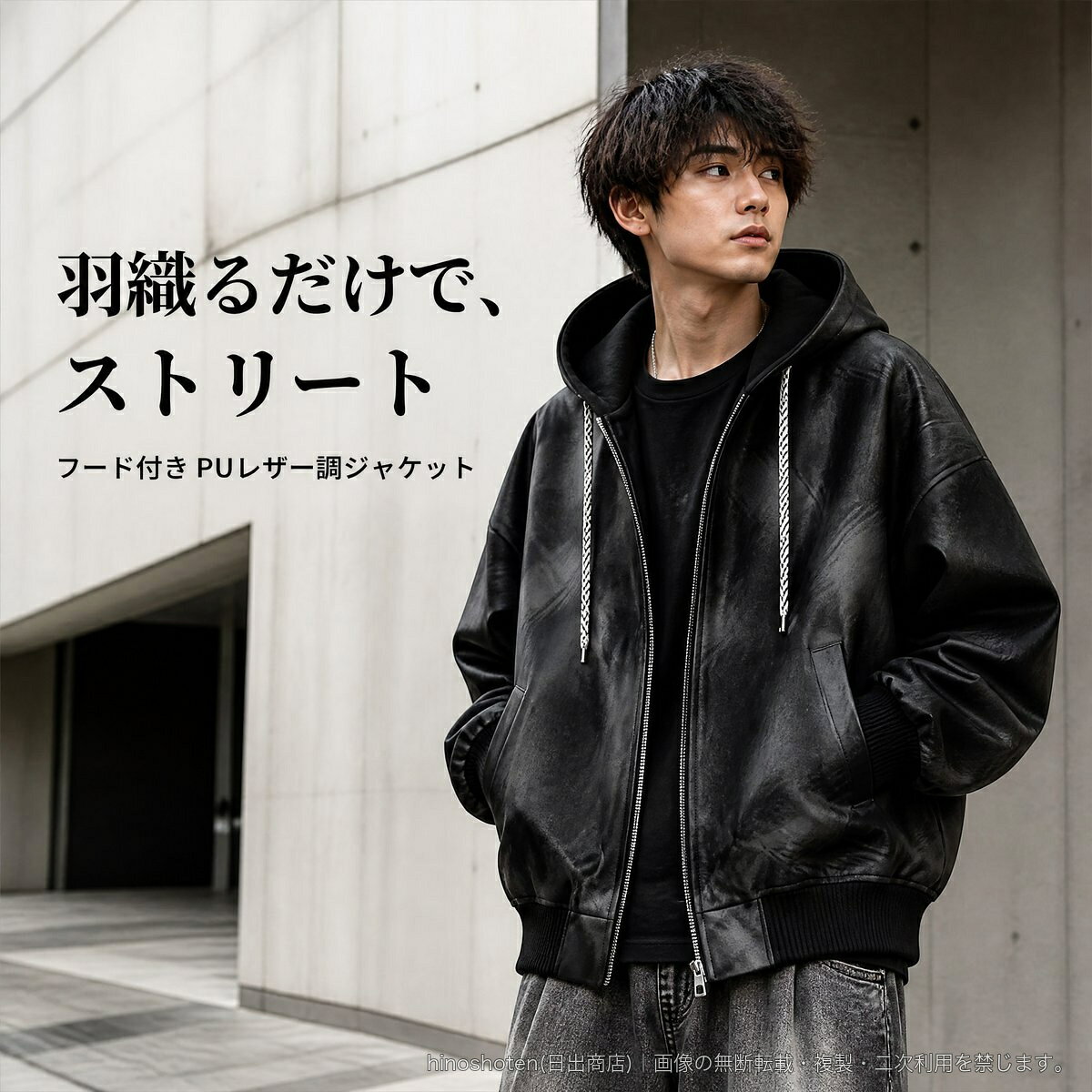 フード付きのメンズジャケットです。PUレザー調の風合いと、ゆったり着られるルーズシルエットが特徴。フロントはジップアップ仕様で、両サイドポケットと内ポケットを備えています。袖口と裾はリブ仕様。ブラック・ベージュの2カラー、Mから3XLまでのサイズをご用意しました。【商品仕様】カラー:ブラック/ベージュサイズ:M/L/XL/2XL/3XL素材:ポリエステル100%袖丈:長袖シルエット:ルーズ着丈:レギュラー丈フード:あり品番:8802▲バナーをタップしてクーポンを獲得できます5,280円5,880円2,600円5,380円
