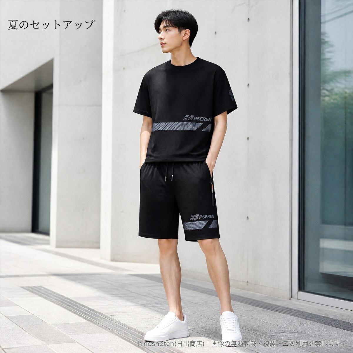 夏に合わせやすい、半袖Tシャツとハーフパンツのメンズ上下2点セットです。ひんやり感を訴求したナイロン混ストレッチ素材を使用。クルーネックのTシャツには胸元のラインプリント、パンツには裾のプリントを配し、統一感のあるスタイルに仕上げました。パンツはゴムウエストと紐付きで、ジップポケットを備えた仕様。カラーはブラック、グレー、ホワイトの3色、サイズはMから8XLまで展開しています。▲バナーをタップしてクーポンを獲得できます4,080円4,680円4,080円4,080円