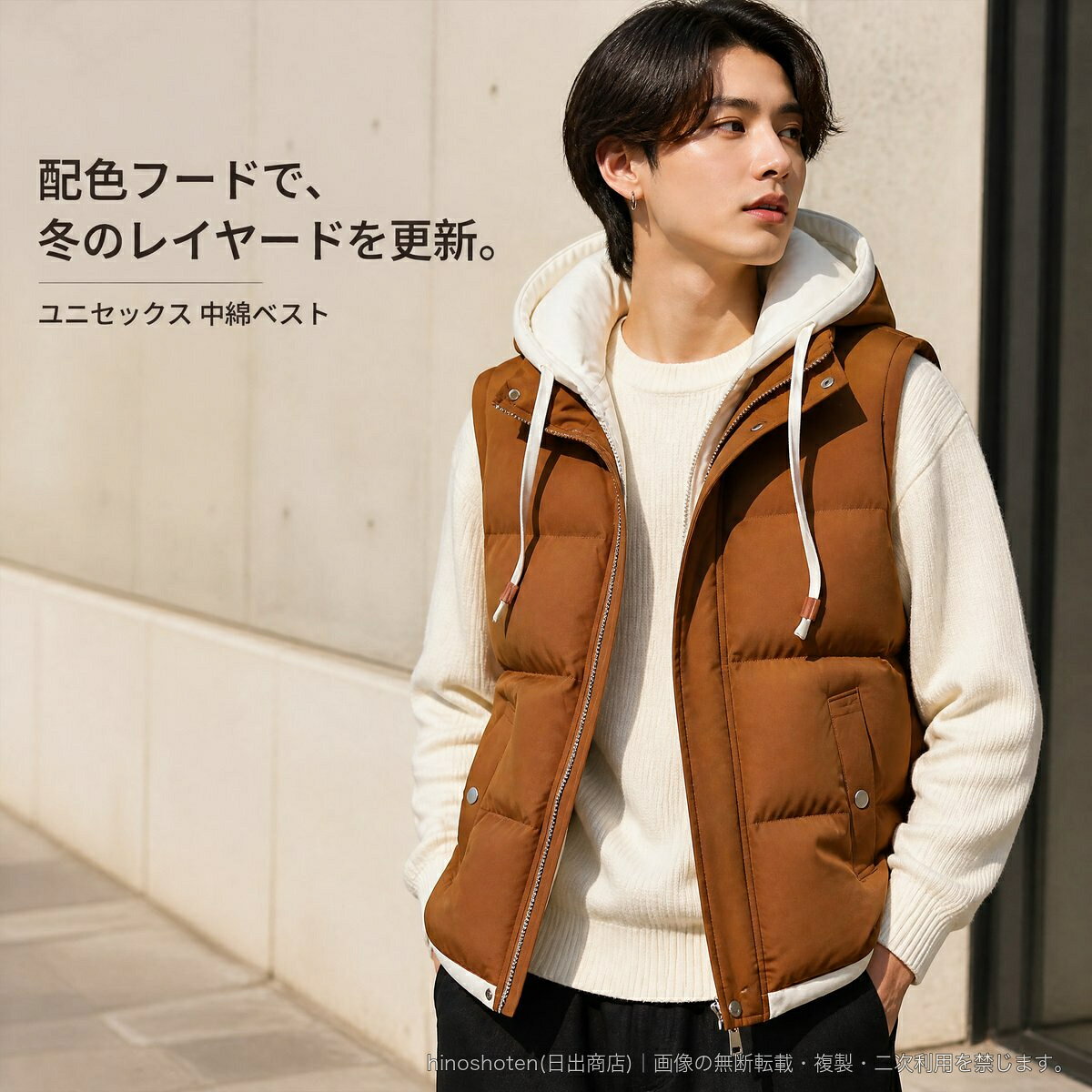 秋冬のレイヤードスタイルに取り入れやすい、ユニセックス仕様の中綿ベストです。フード付きのスタンドカラーデザインに、フロントジップとポケットを組み合わせた前開きタイプ。フードのドローコードや裾の配色パイピングが、コーディネートのアクセントになります。ゆったりとしたシルエットのため、トップスの上から重ね着しやすい一着です。【カラー】ホワイト/ブラック/レッド/ブラウン/キャラメル【サイズ】L/XL/2XL/3XL/4XL/5XL※カラー・サイズは選択肢をご確認のうえお選びください。▲バナーをタップしてクーポンを獲得できます5,280円5,580円5,080円5,280円