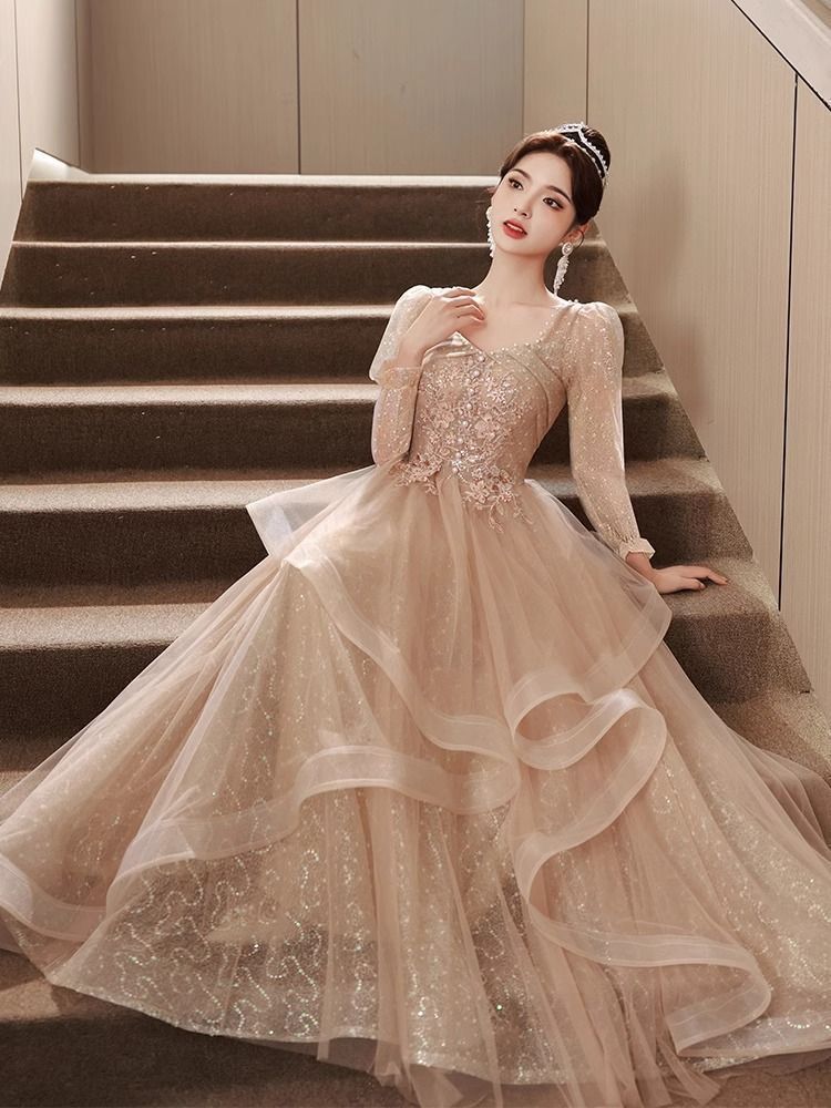 【1点6%、2点11％OFFクーポン】大人女性用 パーティードレス ロングドレス フォーマル Aライン ワンピース 長袖 結婚式 演奏会 披露宴 イブニングドレス 上品 マキシ丈 小さいサイズ 大きいサイズ キラキラ 祝賀会 二次会 花嫁 母親 きれいめ 体型カバー 春 夏 秋