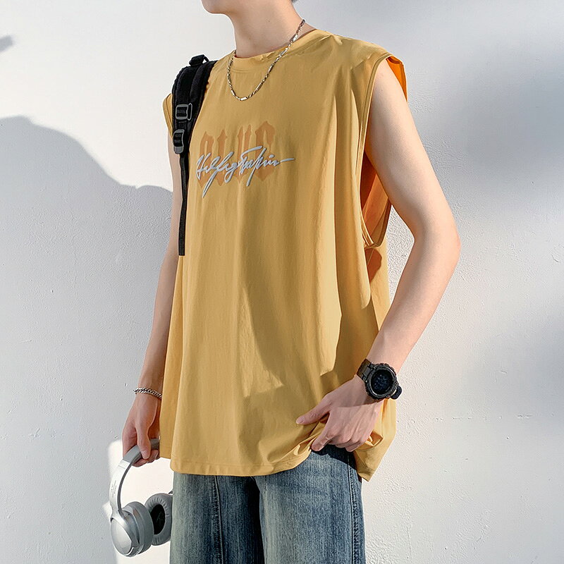 【ポイント3倍】VネックTシャツ ノースリーブ メンズ タンクトップ カットソー ひんやり 通気 運動着 アクティブ ワンポイント