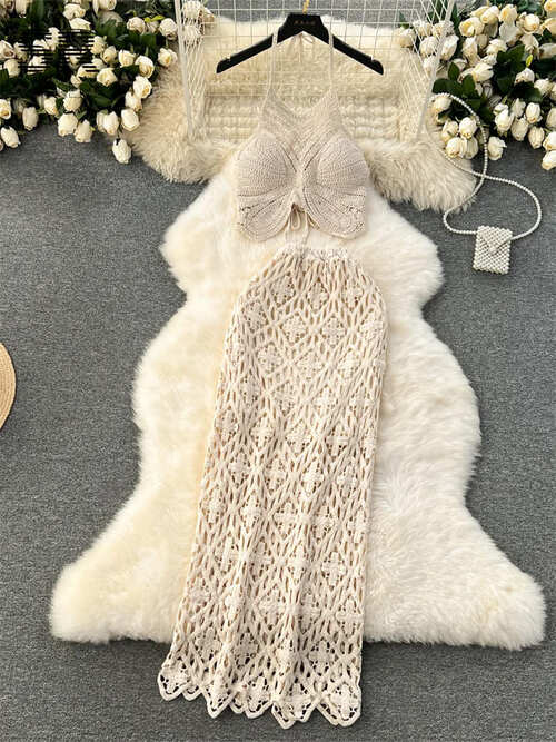 Skirt Suits - 【ポイント3倍】レディース 女性用 クロシェ セットアップ セパレート ツーピース ロングスカート キャミソール 夏 きれい オシャレ セクシー すっきり 涼しい 白 ベージュ リゾート 旅行 海 かぎ針編み バカンス ホルターネック 胸パッド付き