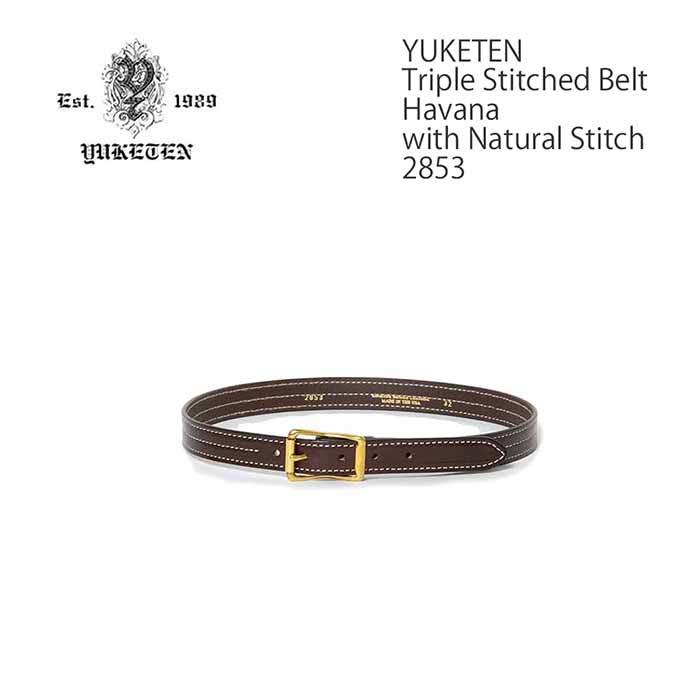 YUKETEN ユケテン - Triple Stitched Belt - Havana with Natural Stitch - 2853 ベルト レザー カジュアル 本皮 革 アメカジ製