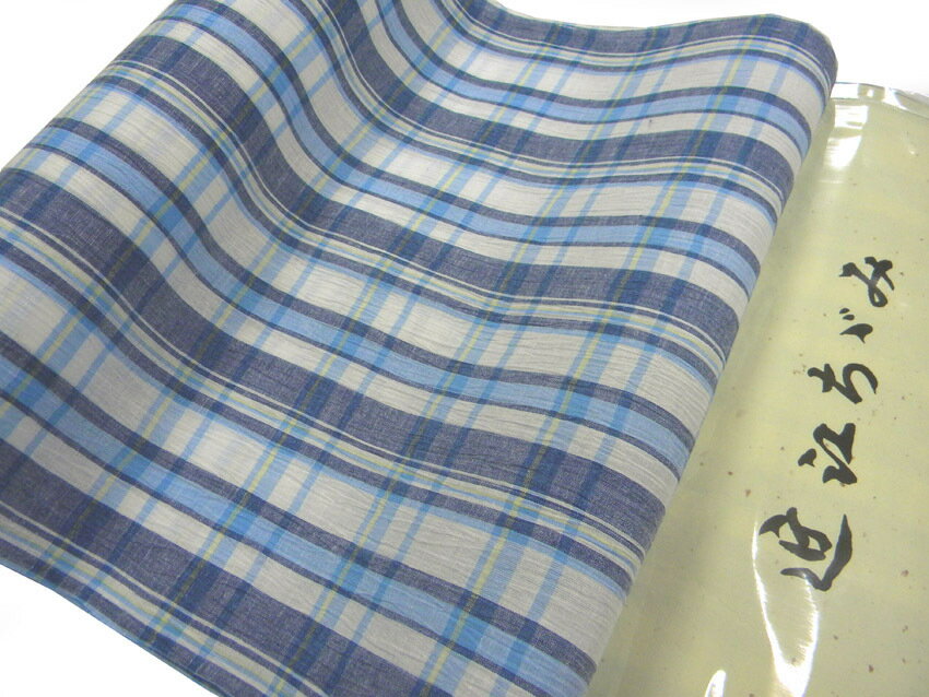 近江ちぢみ 綿麻縮み 格子絣藍（男女兼用夏の着物反物）浴衣反物