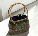 竹かごバッグ 天然素材 夏用バッグ 浴衣トート 手作り 大型 巾28cm ダークグリーン