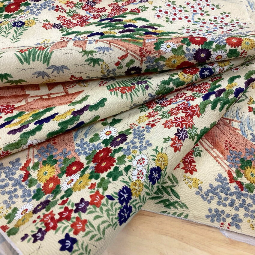 着物のはぎれ 正絹 薄黄茶屋辻 京友禅小紋 反物切り売り 7-3 着物反物