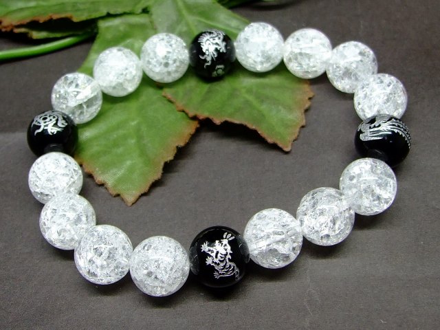 ≪20965≫●12mm●四神●クラック水晶●オニキス●楽天最安値に挑戦●銀箔●ブレスレット●短連●半連●ブラジル産●天然石●パワーストーン●