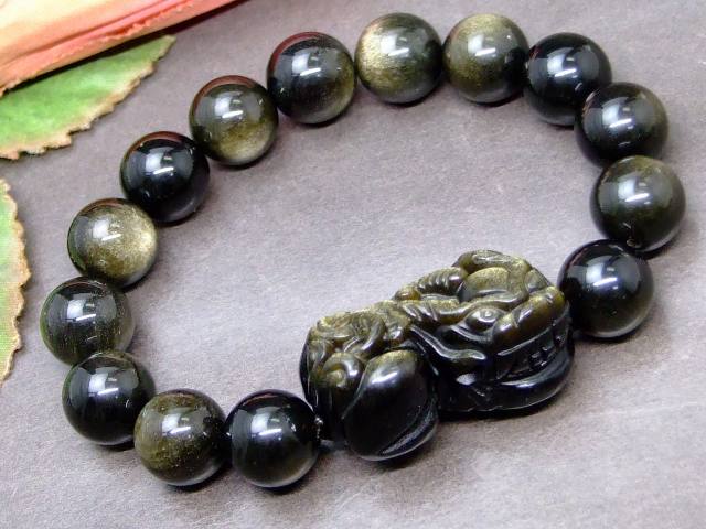 g3-463R　　特級 ゴールドオブシディアン 貔貅 ヒキュウ ひきゅう 35mm×20mm／12mm ブレスレット 内径調節可 送料無料 天然石 パワーストーン