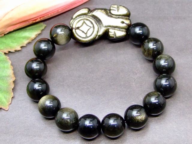 g3-463R　　特級 ゴールドオブシディアン 貔貅 ヒキュウ ひきゅう 35mm×20mm／12mm ブレスレット 内径調節可 送料無料 天然石 パワーストーン