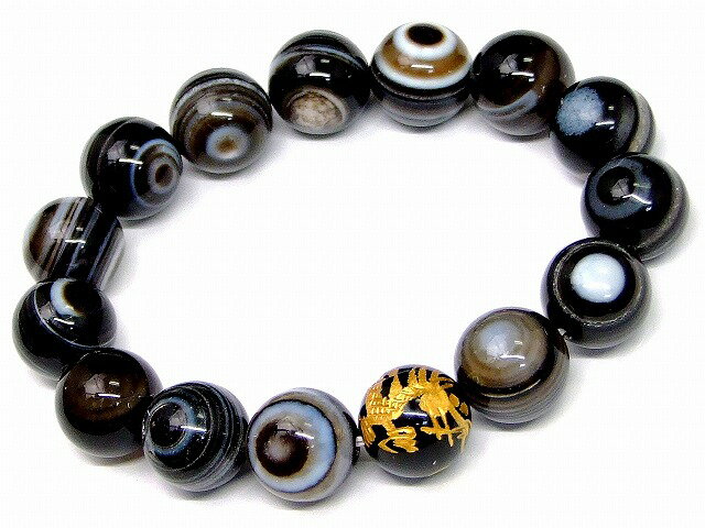 樂天商城 - 69039　　今月の半額 わけあり 14mm 黒天眼石 双眼 オニキス龍 金彫り ブレスレット 内径18cm ポーチ付き 送料無料 天然石 パワーストーン