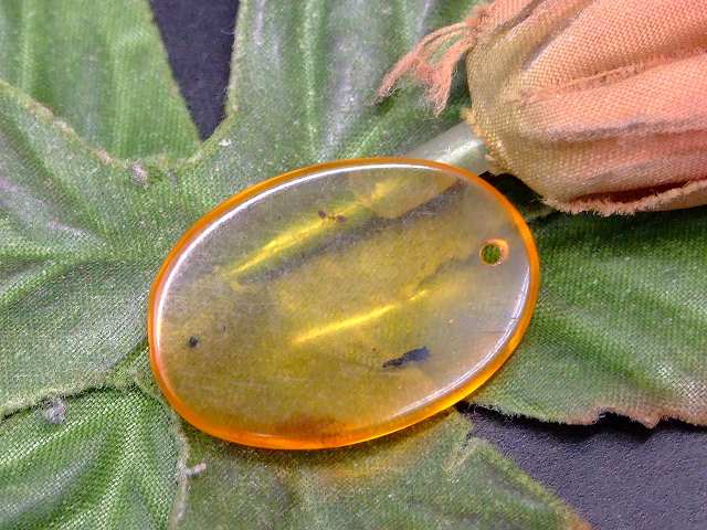 67677　　虫入り アンバー 琥珀 26mm×18mm 1個売り ルース 裸石 穴あり ペンダントトップ 送料無料 メキシコ産 天然石 パワーストーン