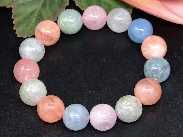 g3-2203E　　ミックスベリル 14mm〜15mm AAA ミックスアクアマリン ブレスレット 内径18cm ポーチ付き 送料無料 天然石 パワーストーン