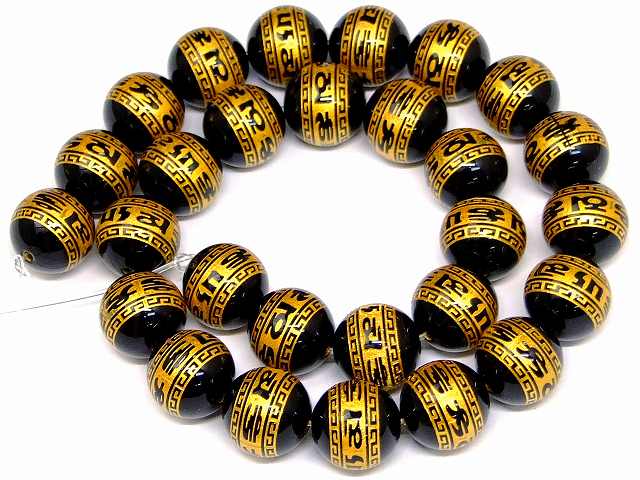 g3-494Y　　NEW 六字真言 オニキス 14mm 金彫り 1連39cm 通し針、解説書、1mゴム付き ブラジル産 送料無料 天然石 パワーストーン