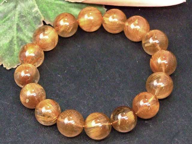 67947　　ブラウンルチルクォーツ 針水晶 13mm〜14mm 5A ブレスレット 内径18cm ポーチ付き 送料無料 ブラジル産 天然石 パワーストーン