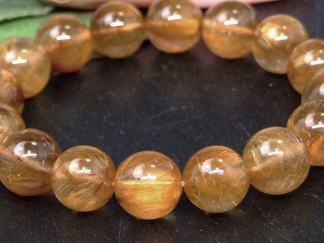 67947　　ブラウンルチルクォーツ 針水晶 13mm〜14mm 5A ブレスレット 内径18cm ポーチ付き 送料無料 ブラジル産 天然石 パワーストーン