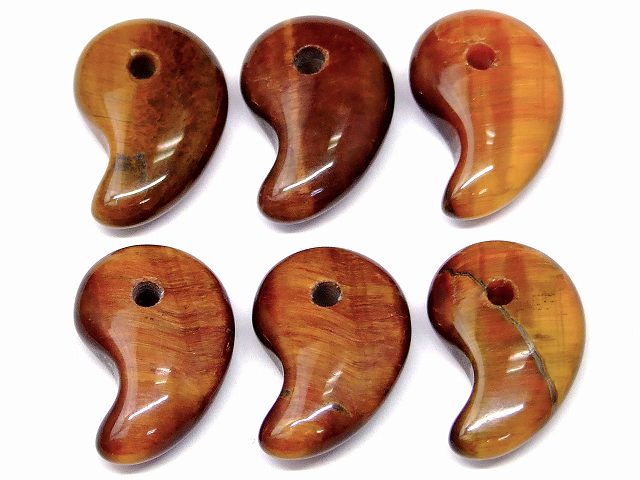 68109　　勾玉 イエロー レッド タイガーアイ 18mm×12mm 6個セット 黄 赤 虎目石 送料無料 天然石 パワ..