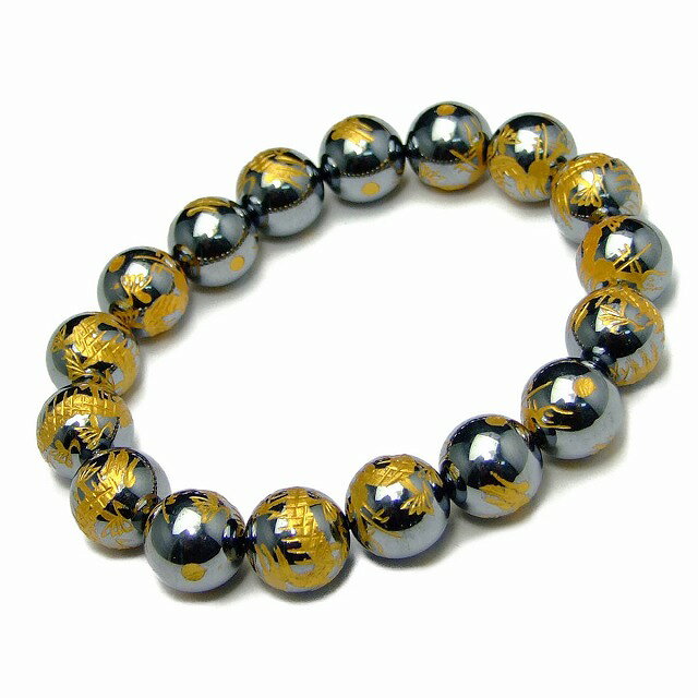 India Beads - 54208　　高純度テラヘルツ 12mm 手彫り 龍 金彫り ブレスレット 内径調整可能 ポーチ付き 公的機関にて検査済み 送料無料 天然石 パワーストーン