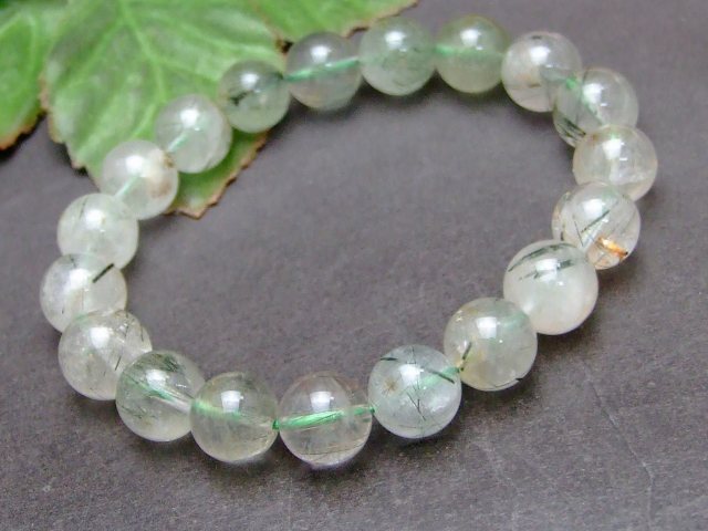 57951　　グリーンルチルクォーツ 11mm A ブレスレット 内径18cm 針水晶 ポーチ付き 送料無料 ブラジル産 天然石 パワーストーン
