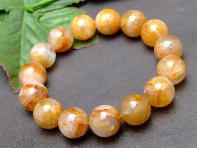 Genuine, Semi-Precious Stones - 57845　　14mm ライモナイト リモナイトインクォーツ オーロラクォーツ 褐鉄鉱 ブレスレット 内径18cm ポーチ付き 送料無料 天然石 パワーストーン