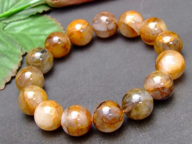 Genuine, Semi-Precious Stones - 57847　　14mm ライモナイト リモナイトインクォーツ オーロラクォーツ 褐鉄鉱 ブレスレット 内径18cm ポーチ付き 送料無料 天然石 パワーストーン